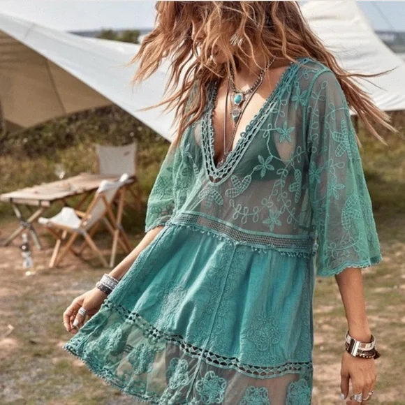 Swim Bohemian Floral Embroidered Beach Cover Up Mint Green
